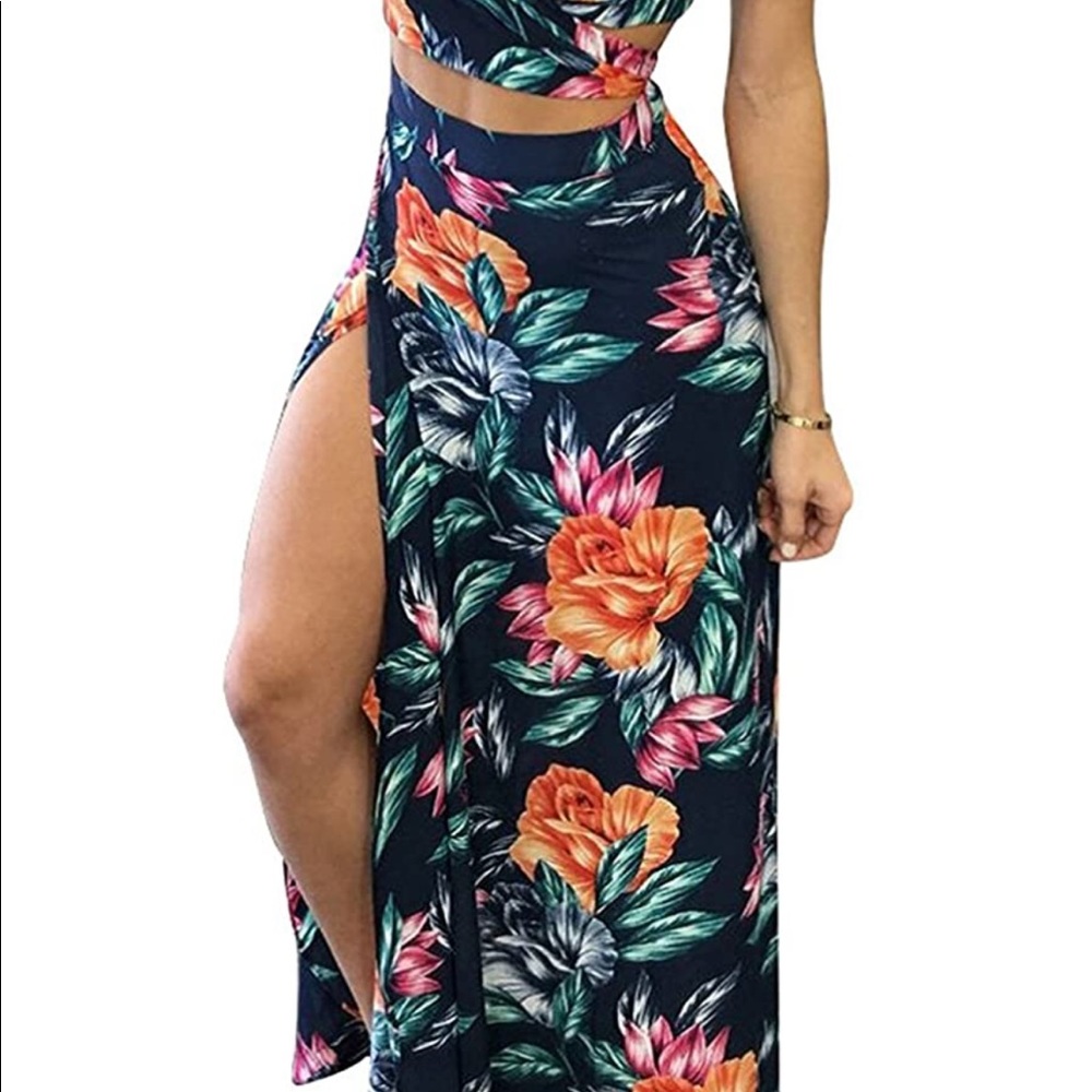 Tropical Floral Two Piece Set High Slit Maxi Skirt Wrap Crop Top Size M - Picture 4 of 4